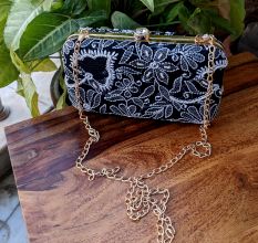 Chikankari Georgette Black Pearl Clutch Bag for Women